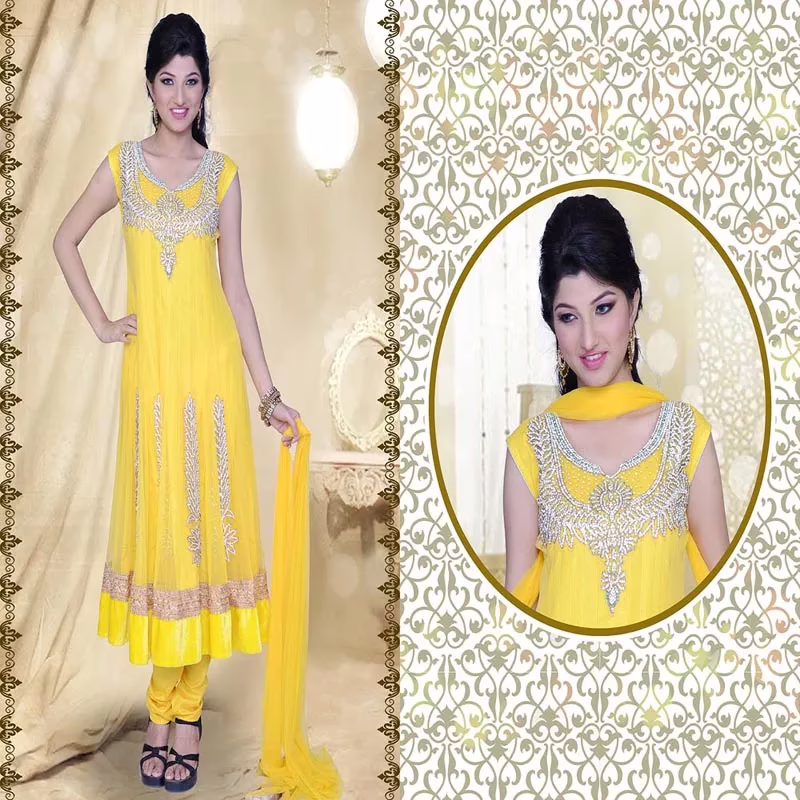Pazaar Prakriti Anarkali Golden Yellow Embroidered Festival Kameez - Image 2