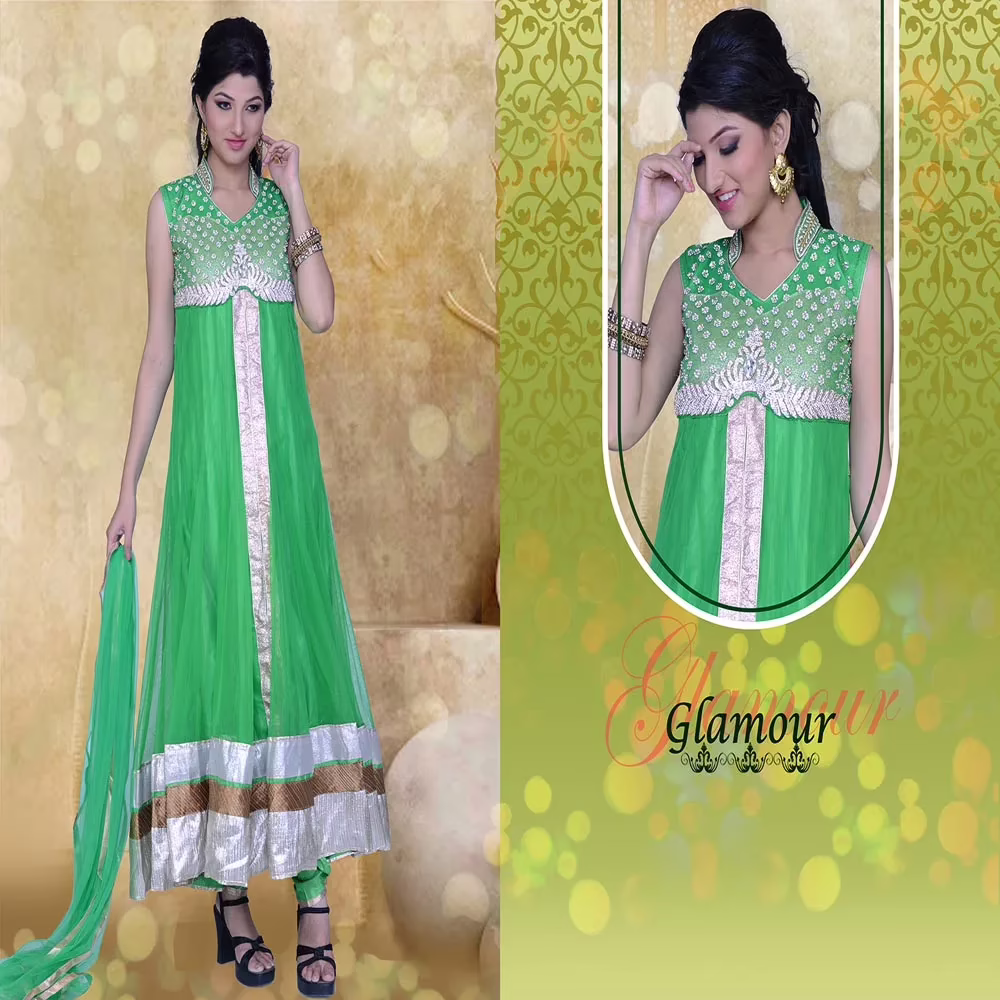 Pazaar Prakriti Anarkali Deep Lime Green Embroidered Festival Kameez - Image 2