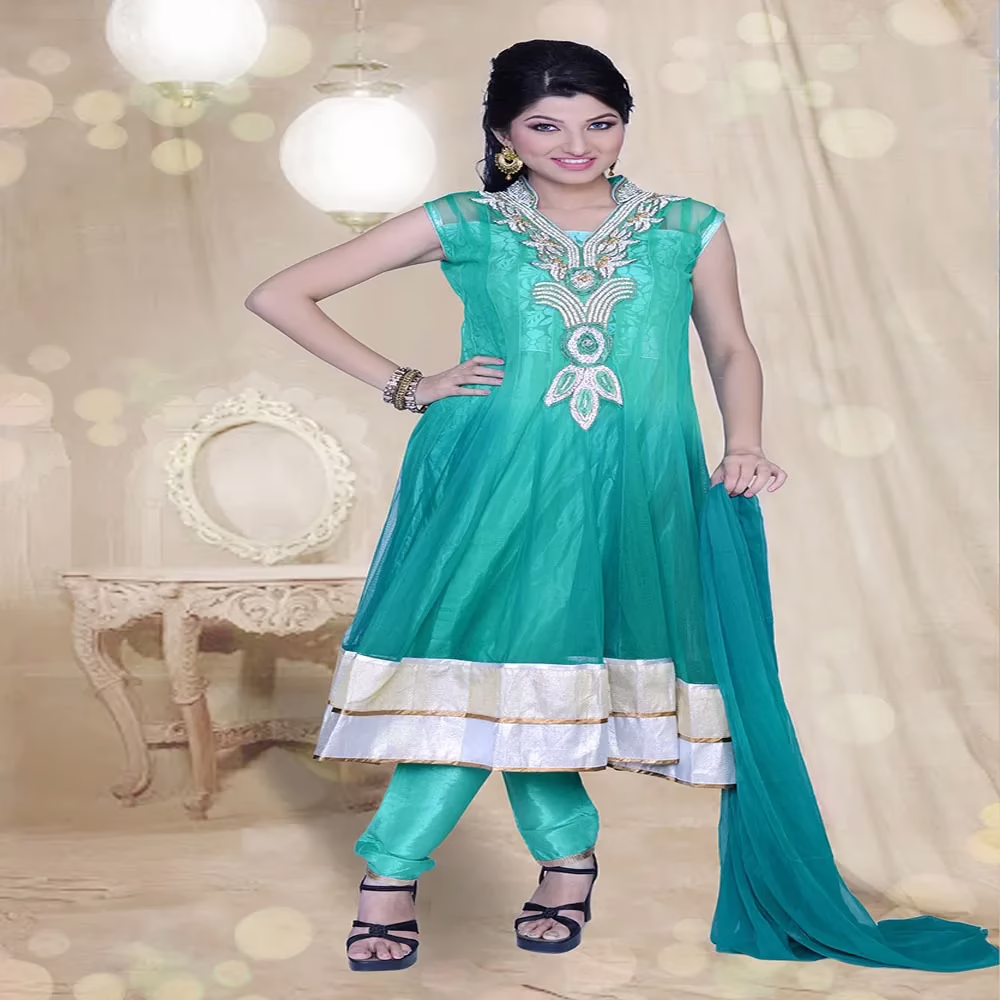 Pazaar Prakriti Anarkali Persian Green Embroidered Festival Kameez