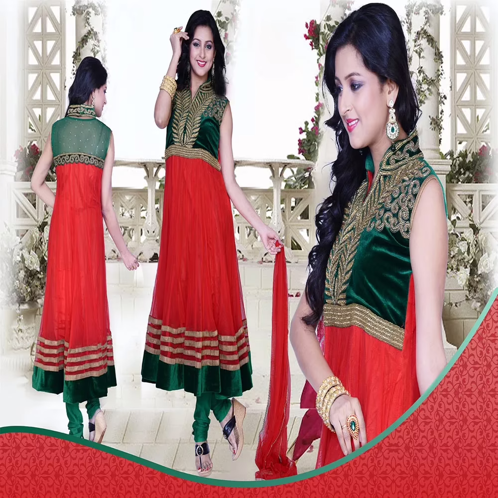 Pazaar Anarkali Rose-Madder Red & Sea Green Embroidered Festival Kameez