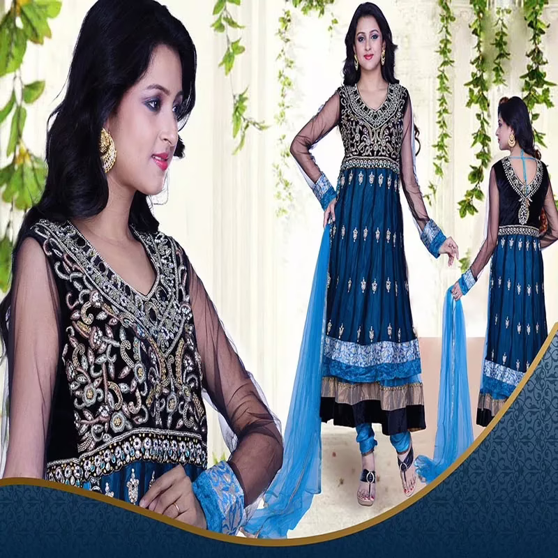 Pazaar Prakriti Anarkali Black & Dodger Blue Embroidered Festival Kameez