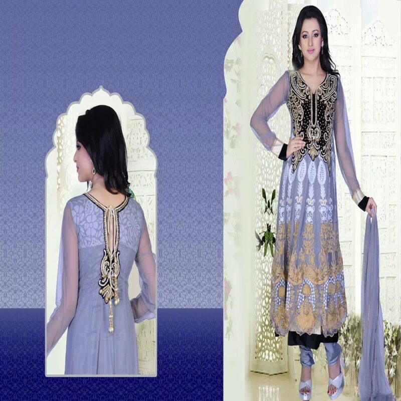 Pazaar Prakriti Anarkali Silver Grey Embroidered Festival Kameez