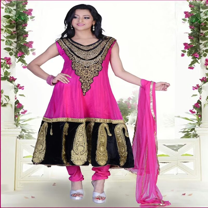 Pazaar Prakriti Anarkali Deep Pink & Black Embroidered Festival Kameez