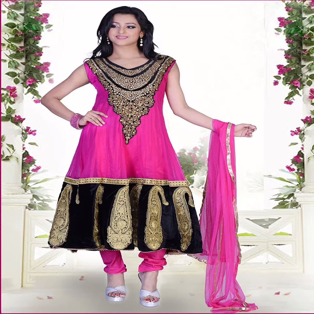 Pazaar Prakriti Anarkali Deep Pink & Black Embroidered Festival Kameez