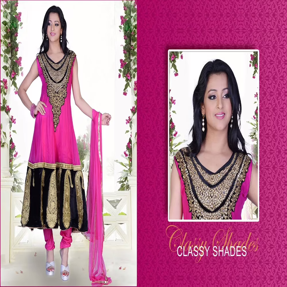 Pazaar Prakriti Anarkali Deep Pink & Black Embroidered Festival Kameez - Image 2