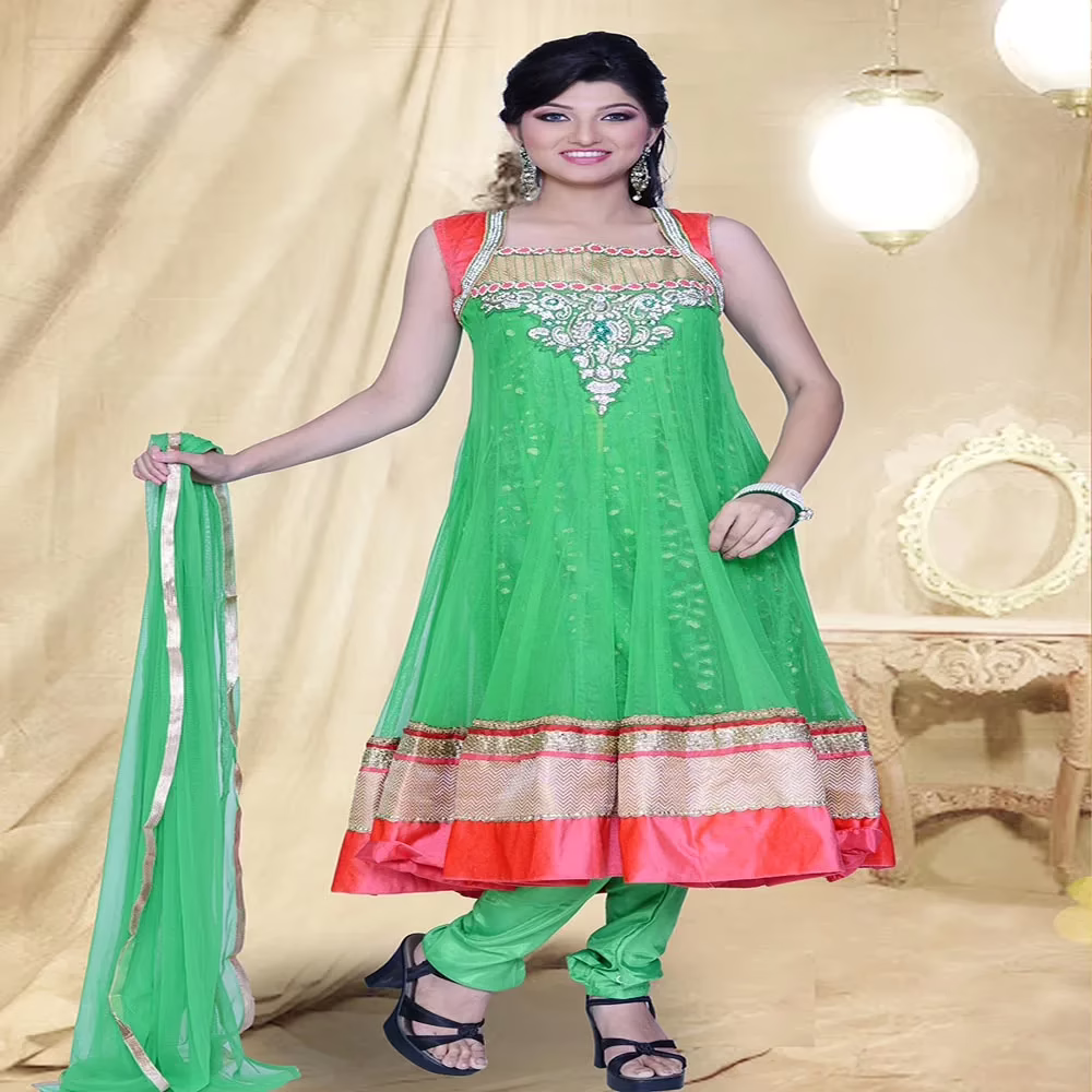 Pazaar Prakriti Anarkali Deep Lime Green Embroidered Festival Kameez