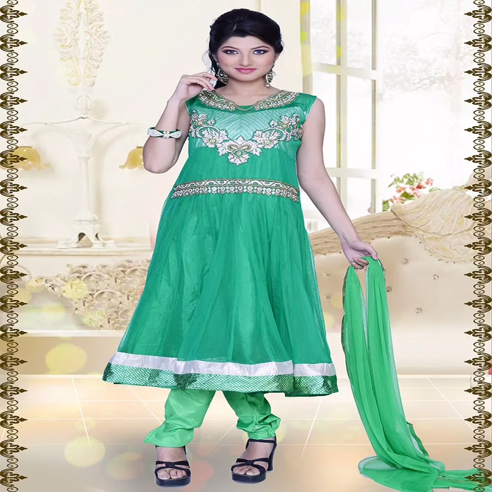 Pazaar Prakriti Anarkali Jungle Green Embroidered Festival Kameez