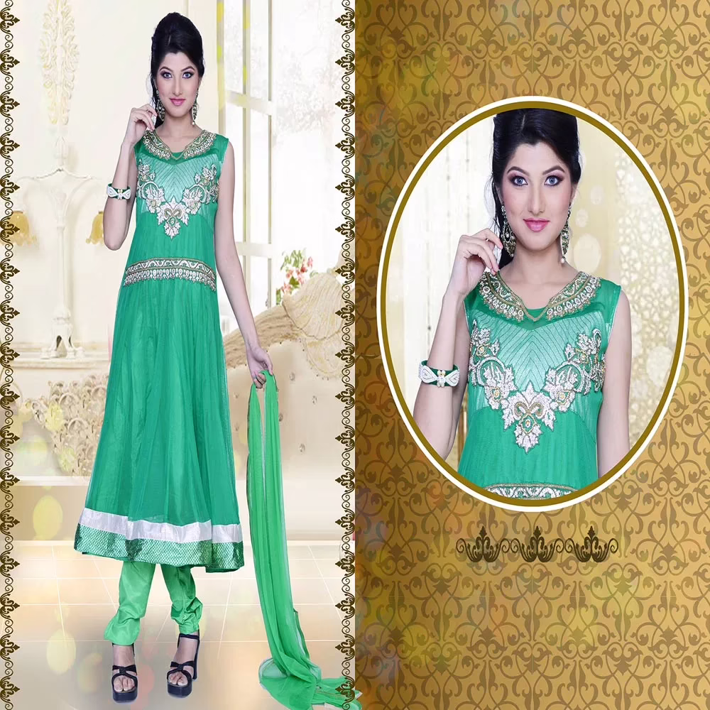 Pazaar Prakriti Anarkali Jungle Green Embroidered Festival Kameez - Image 2