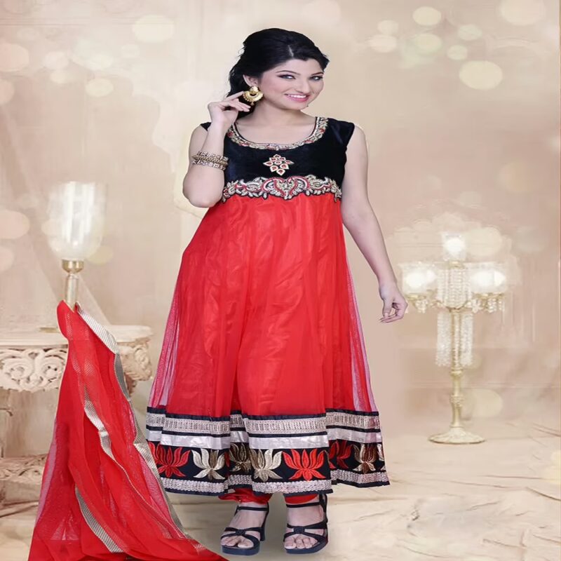 Pazaar Prakriti Anarkali Rose-madder Red Embroidered Festival Kameez