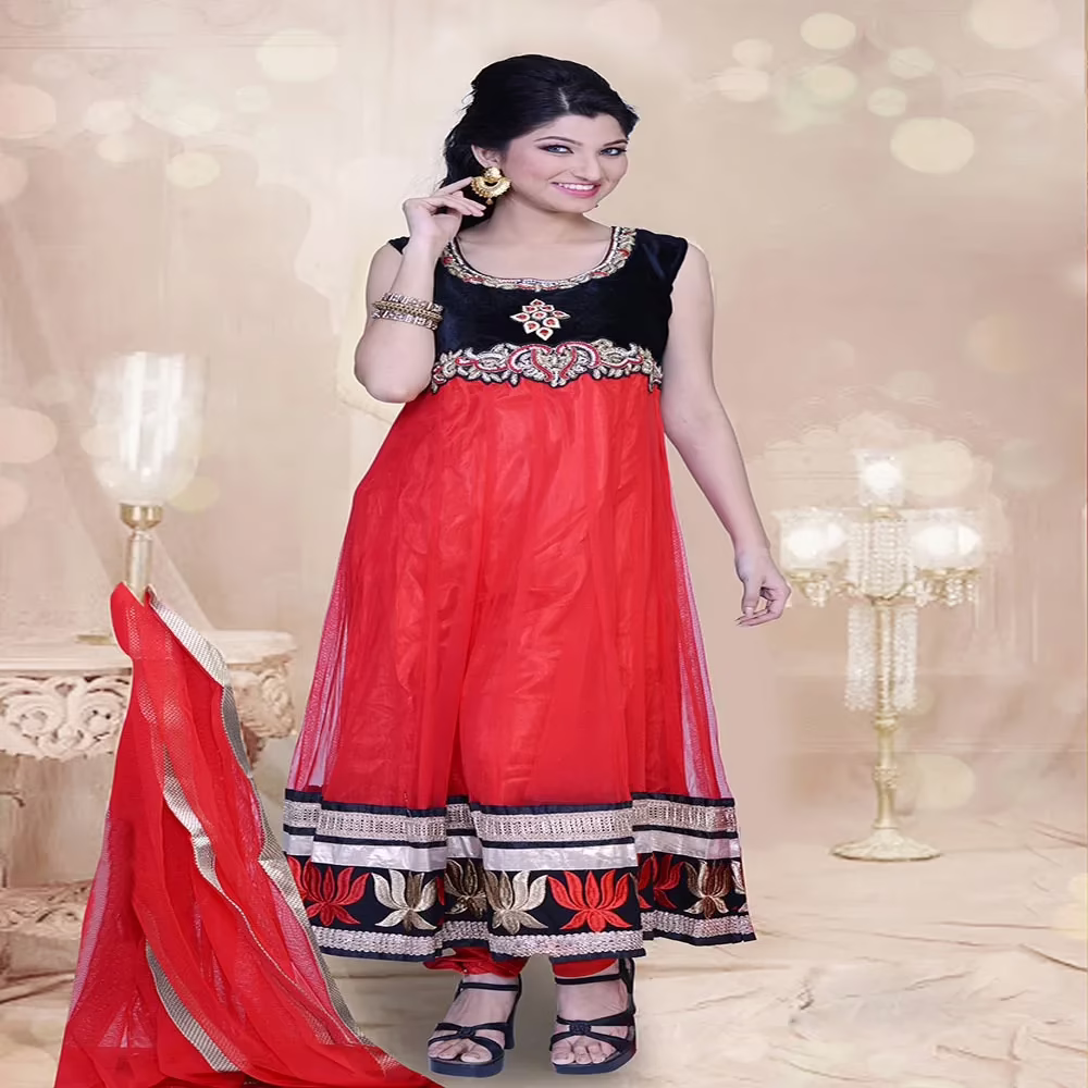 Pazaar Prakriti Anarkali Rose-madder Red Embroidered Festival Kameez
