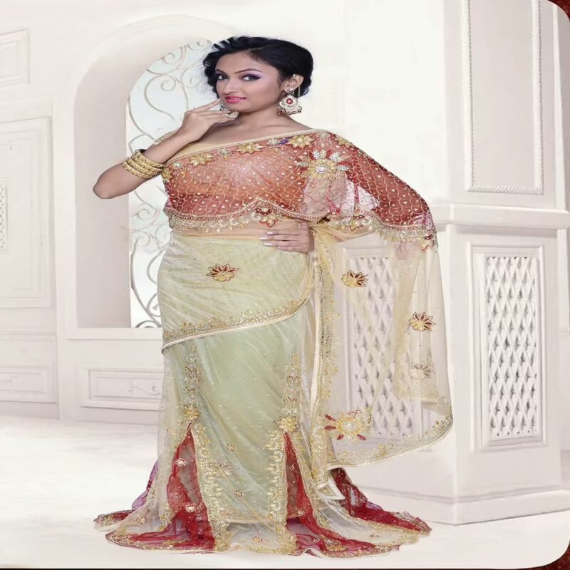 Pazaar Dulari Cream Yellow & Maroon Embroidered Party Lehenga Style Saree