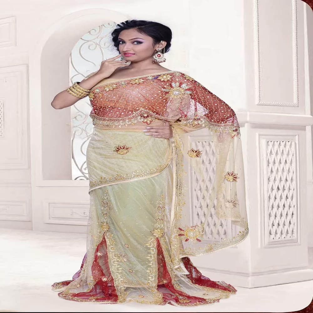Pazaar Dulari Cream Yellow & Maroon Embroidered Party Lehenga Style Saree