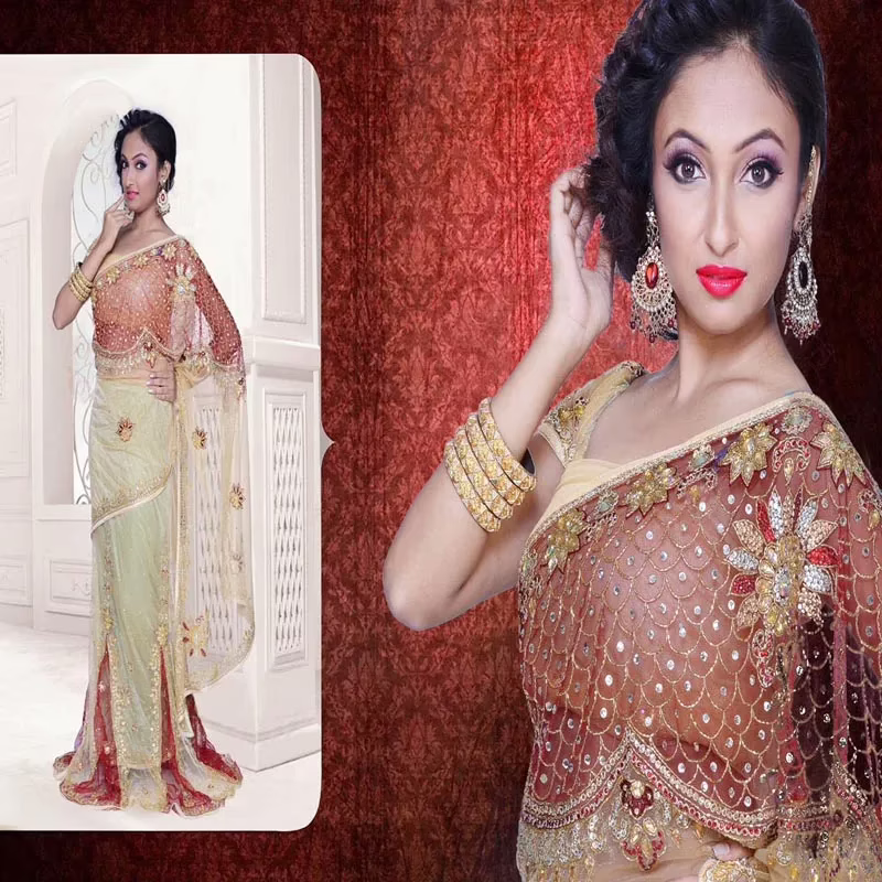 Pazaar Dulari Cream Yellow & Maroon Embroidered Party Lehenga Style Saree - Image 2