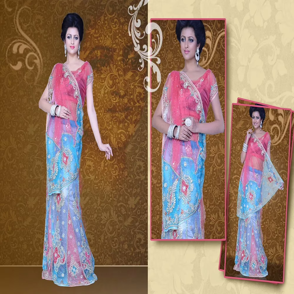 Pazaar Mayuri Brink Pink & Electric Blue Embroidered Party Lehenga Saree - Image 2