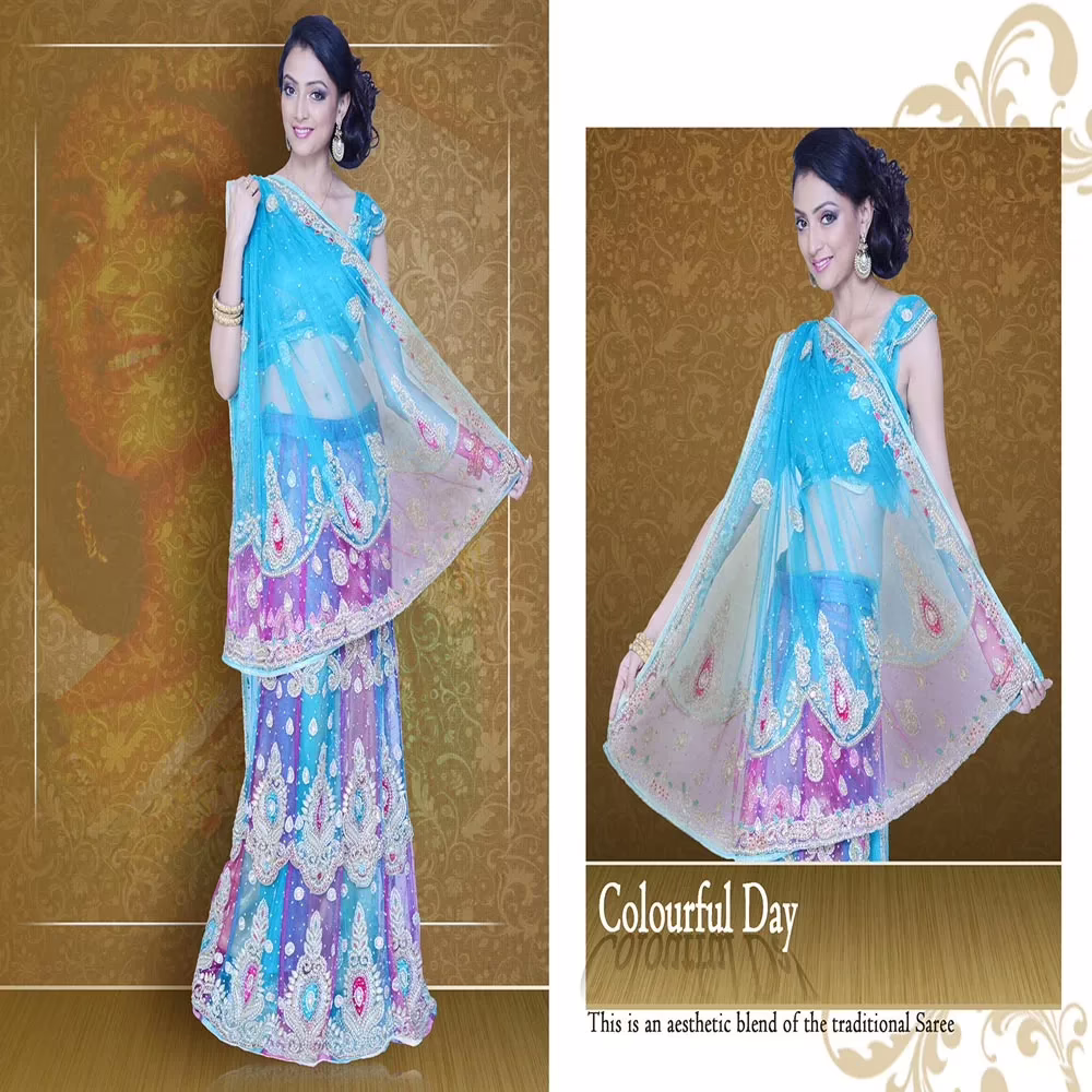 Pazaar Mayuri Dodger Blue Embroidered Party Lehenga Saree - Image 2