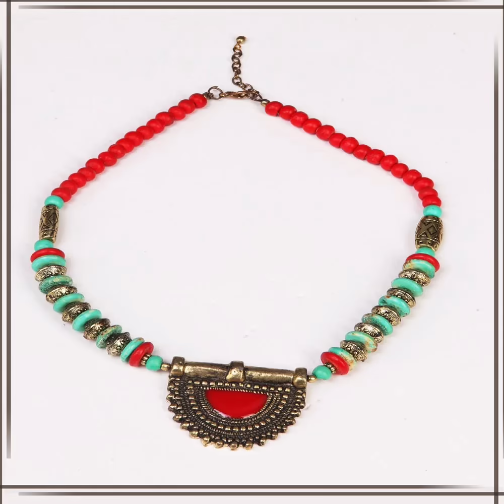 Pazaar Aquamarine Blue and Crimson Red Metal Festival Necklace - Image 2