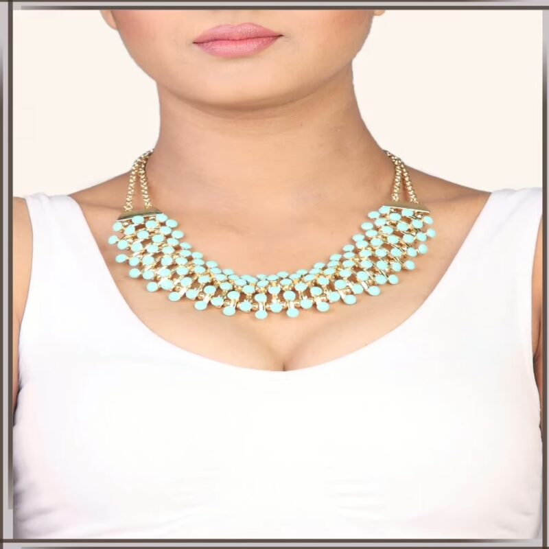 Pazaar Cyan Blue & Golden Metal Festival Necklace