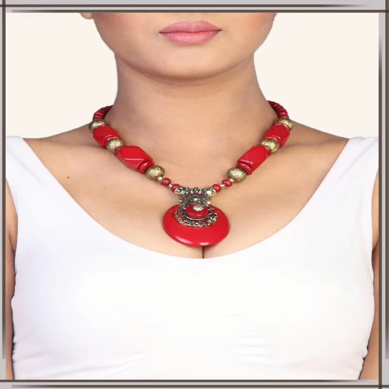 Pazaar Crimson Red & Golden Metal Festival Necklace