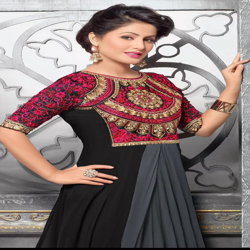 F3 Fashion Black & Grey Embroidered Shaded Long Anarkali Suit - Image 2