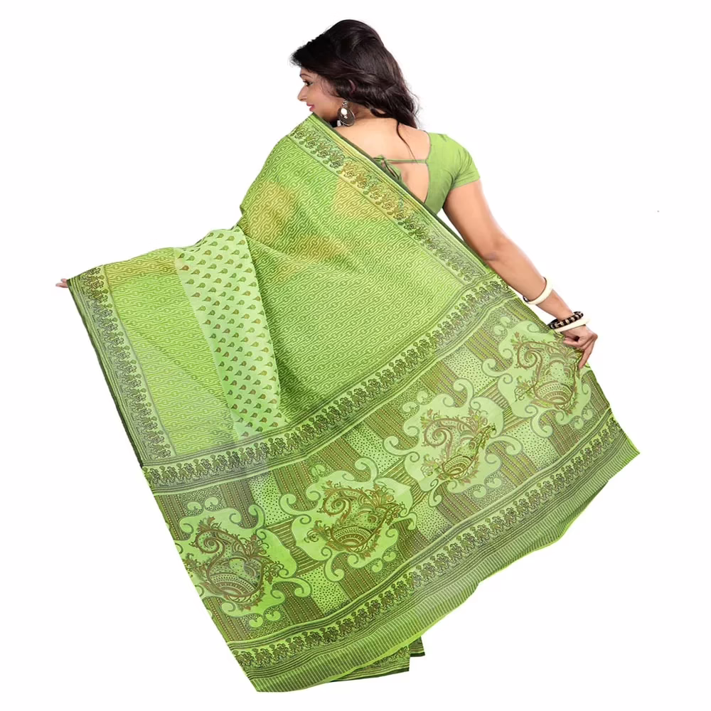 Lookslady Printed Green & Brown Cotton Saree - Image 4