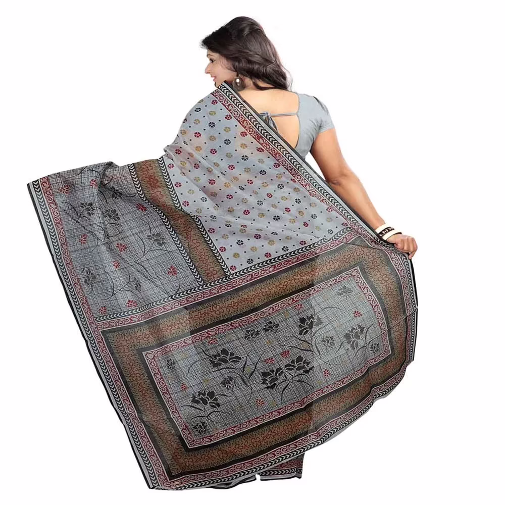 Lookslady Printed Grey & Beige Cotton Saree - Image 2