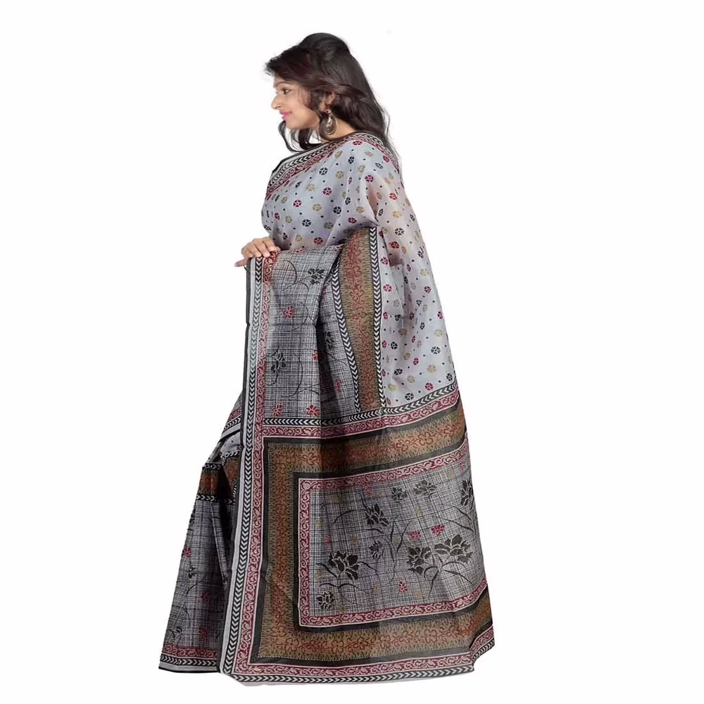 Lookslady Printed Grey & Beige Cotton Saree - Image 3