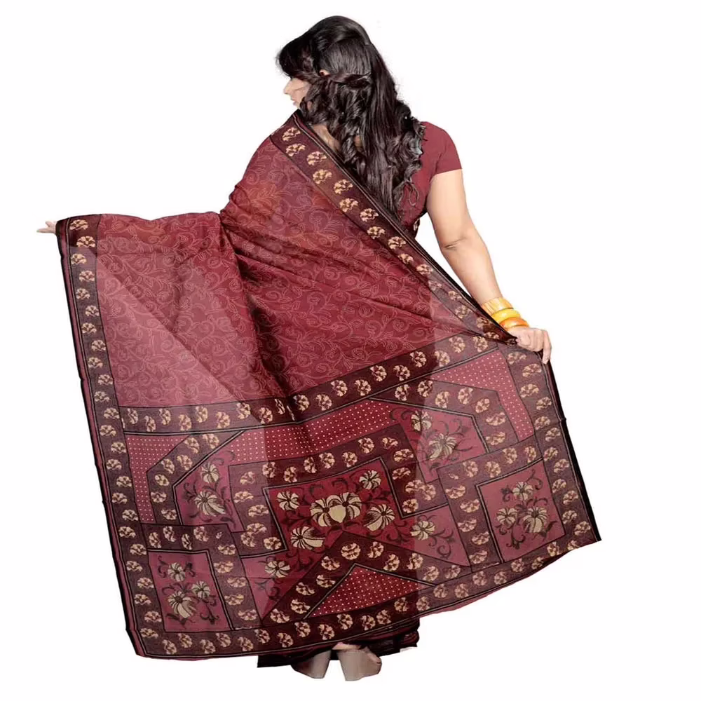 Lookslady Printed Maroon & Beige Cotton Saree - Image 2