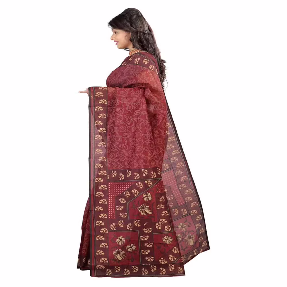 Lookslady Printed Maroon & Beige Cotton Saree - Image 4