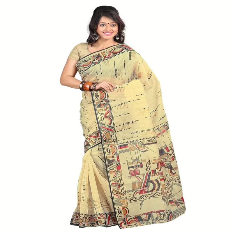 Lookslady Printed Beige & Black Cotton Saree