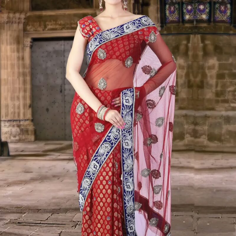 Pazaar Carmine Red Embroidered Party Saree With Zari Thread