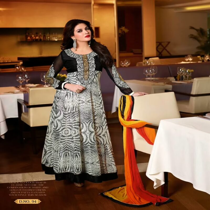 F3 Fashion Black & White Printed & Embroidered Anarkali Suit