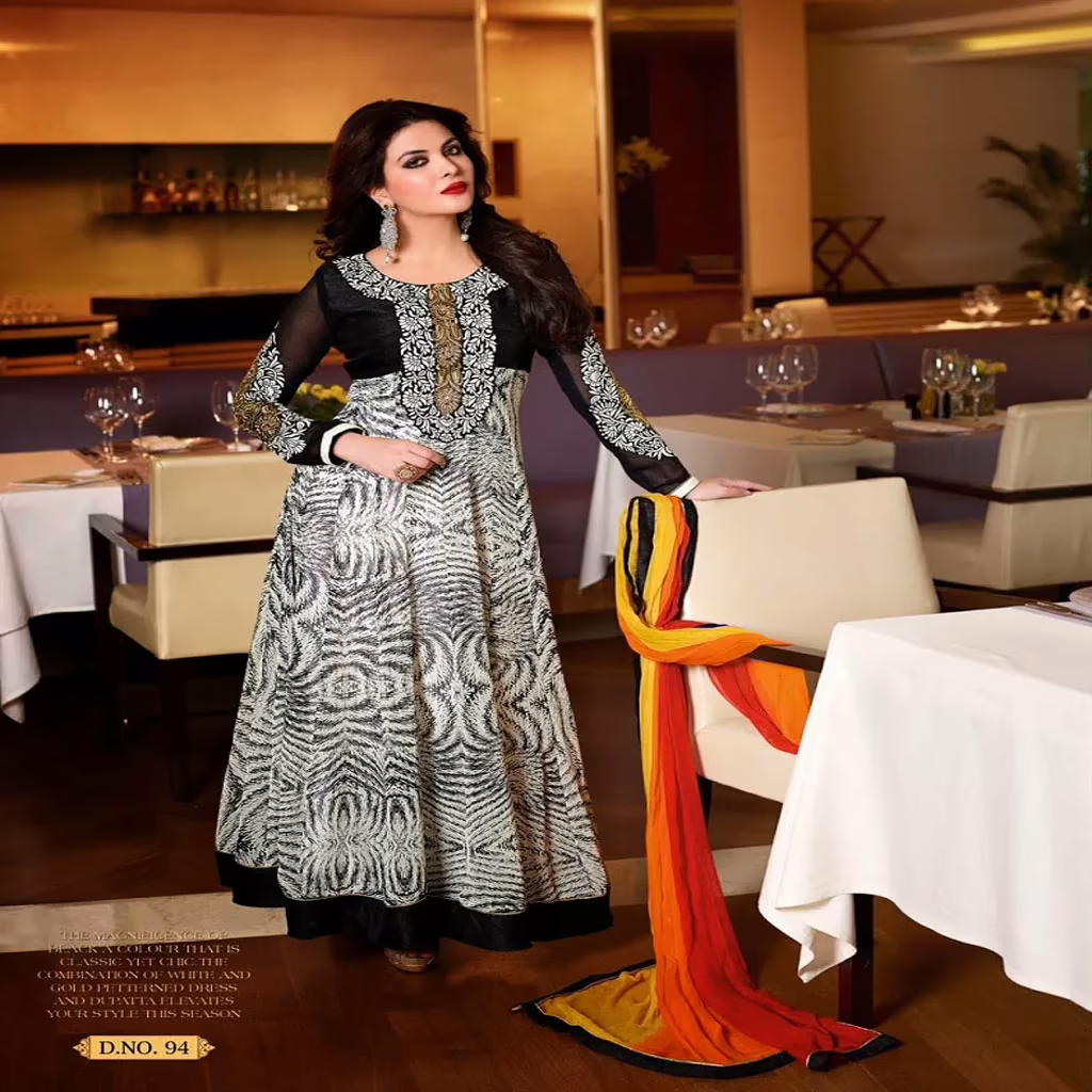 F3 Fashion Black & White Printed & Embroidered Anarkali Suit