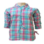 Aqua Green Pink Plaid Three Quarter Sleeves Cotton Shirt