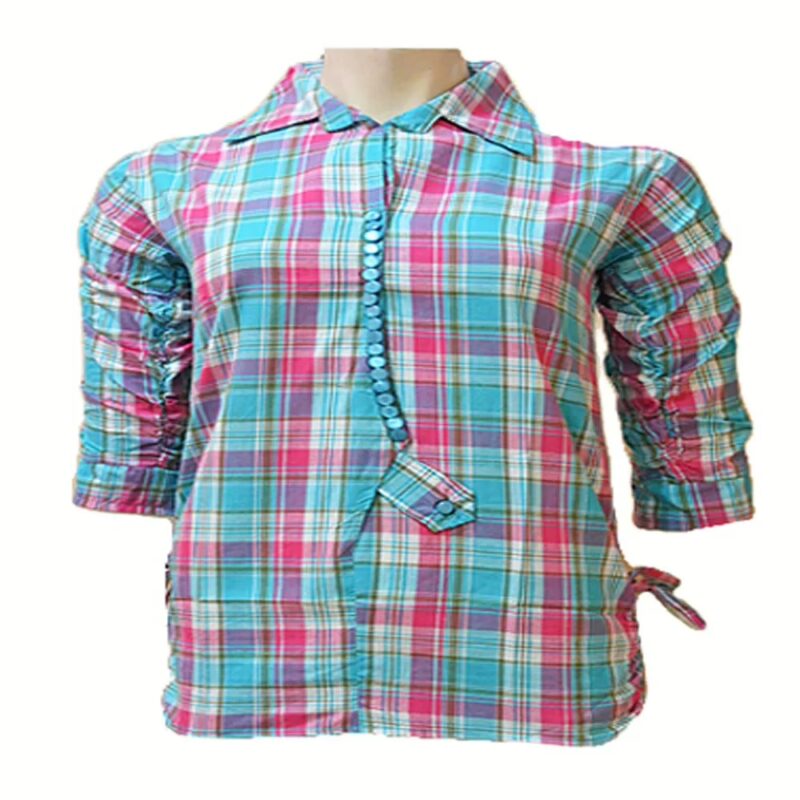 Aqua Green Pink Plaid Three Quarter Sleeves Cotton Shirt