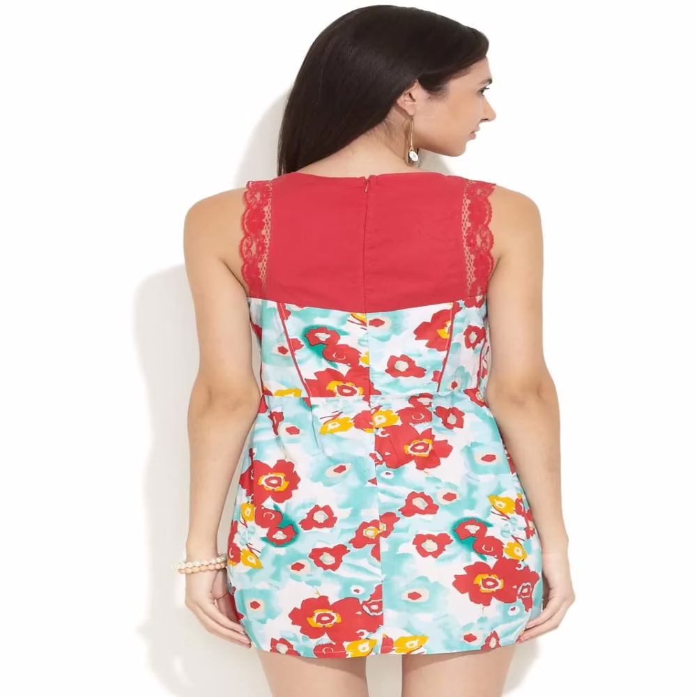 Stylish Floral Print Lace Trim Tunic Dress - Image 3