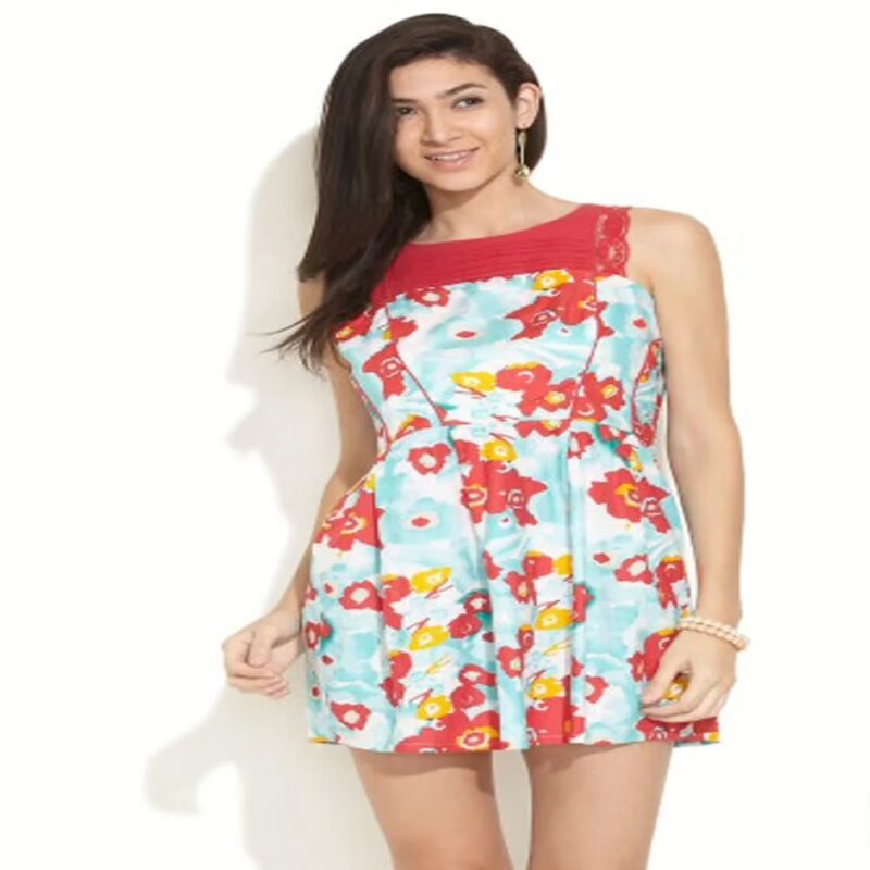 Stylish Floral Print  Lace Trim Tunic Dress
