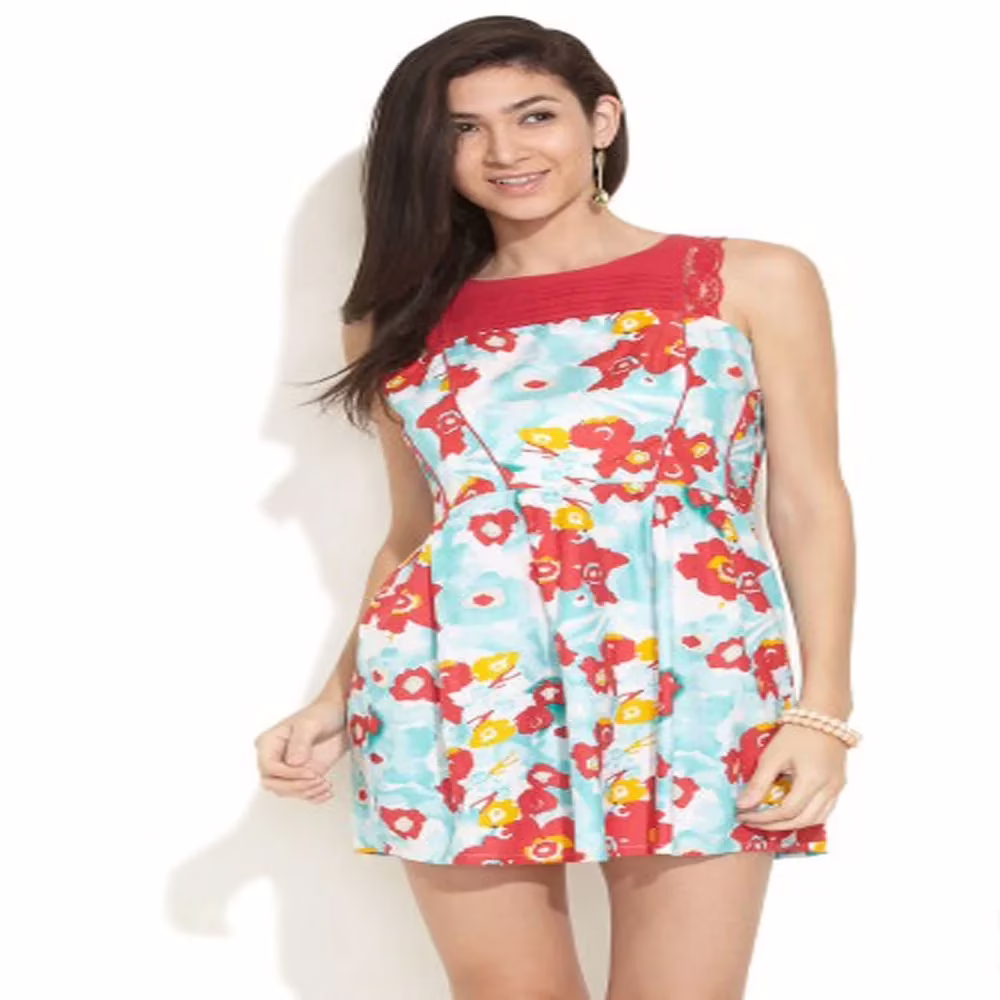 Stylish Floral Print Lace Trim Tunic Dress