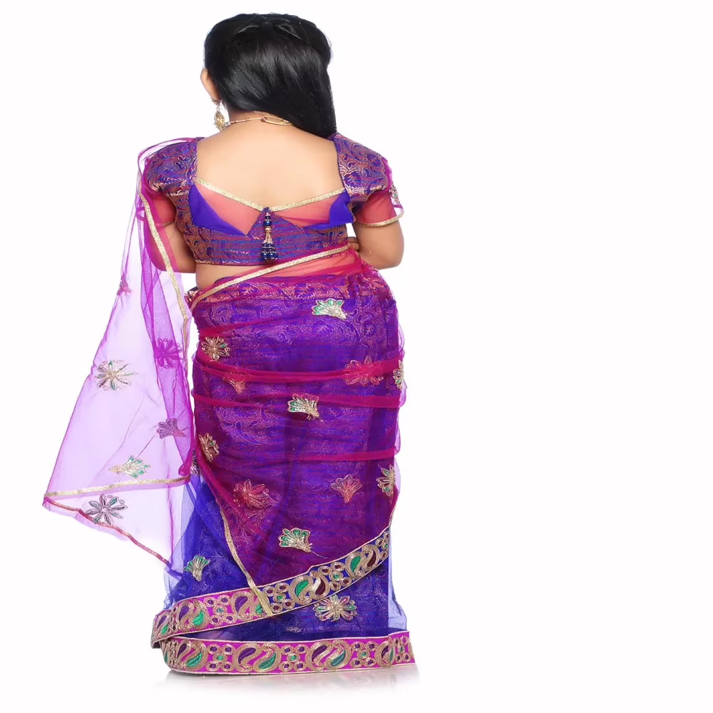 Bhartiya Paridhan -Net Pre Stitched Embroidered Laced Blue Rani Saree(2-11 Years) - Image 2