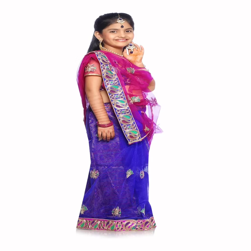 Bhartiya Paridhan -Net Pre Stitched Embroidered Laced Blue Rani Saree(2-11 Years) - Image 3