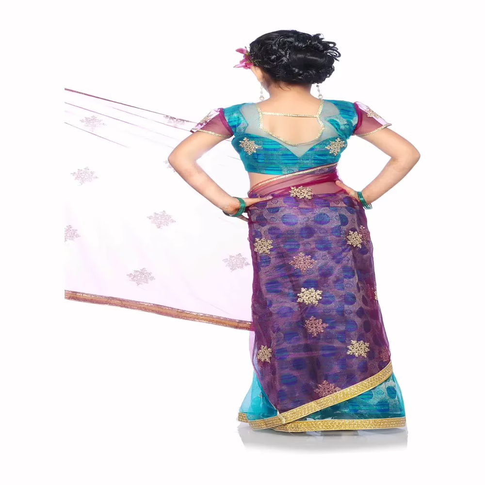 Bhartiya Paridhan -Net Pre Stitched Embroidered Laced Firozi Rani Saree(2-11 Years) - Image 3