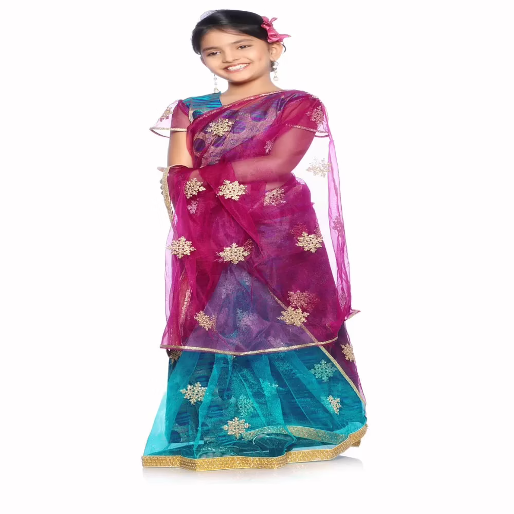 Bhartiya Paridhan -Net Pre Stitched Embroidered Laced Firozi Rani Saree(2-11 Years)
