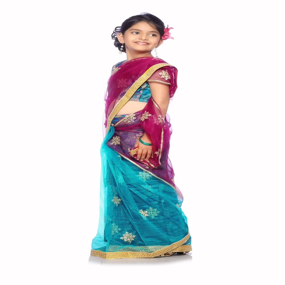 Bhartiya Paridhan -Net Pre Stitched Embroidered Laced Firozi Rani Saree(2-11 Years) - Image 2