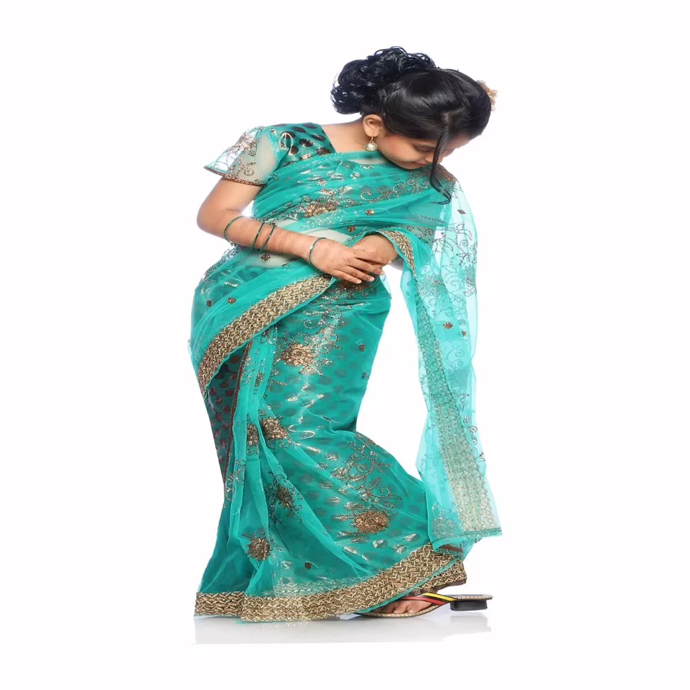 Bhartiya Paridhan-Net Pre Stitched Embroidered Laced Sea Green Saree(2-11 Years) - Image 2