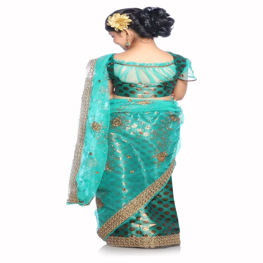 Bhartiya Paridhan-Net Pre Stitched Embroidered Laced Sea Green Saree(2-11 Years) - Image 3