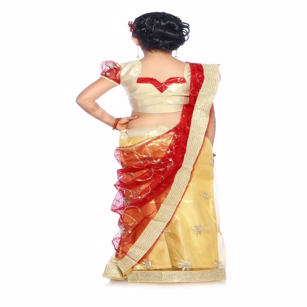 Bhartiya Paridhan -Net Pre Stitched Embroidered Laced Yellow Red Saree(2-11 Years) - Image 3