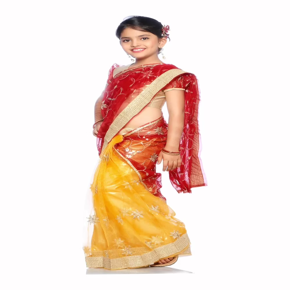 Bhartiya Paridhan -Net Pre Stitched Embroidered Laced Yellow Red Saree(2-11 Years)