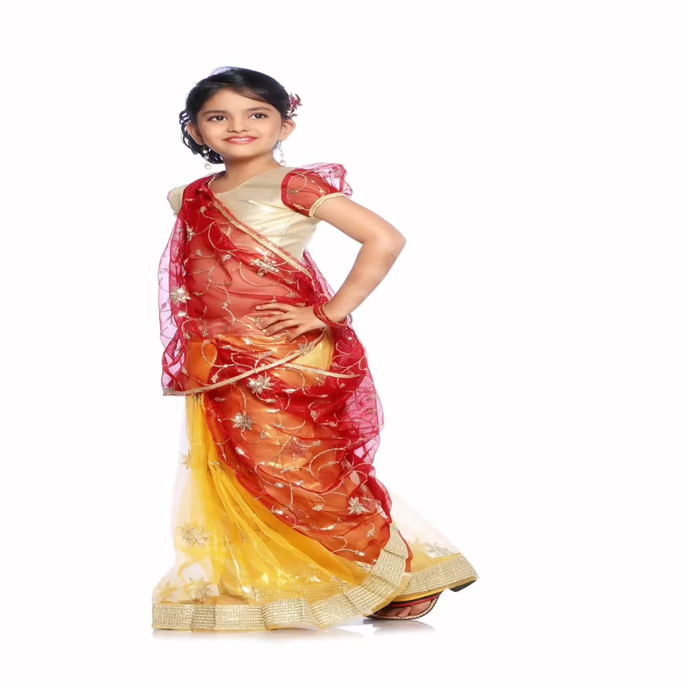Bhartiya Paridhan -Net Pre Stitched Embroidered Laced Yellow Red Saree(2-11 Years) - Image 2