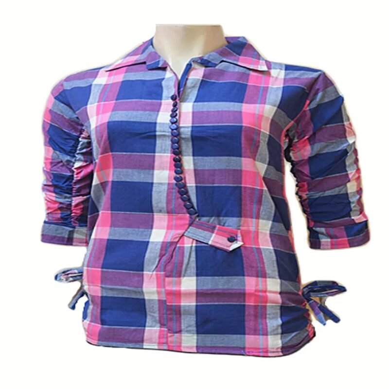 Blue Pink Plaid Three Quarter Sleeves Cotton Shirt