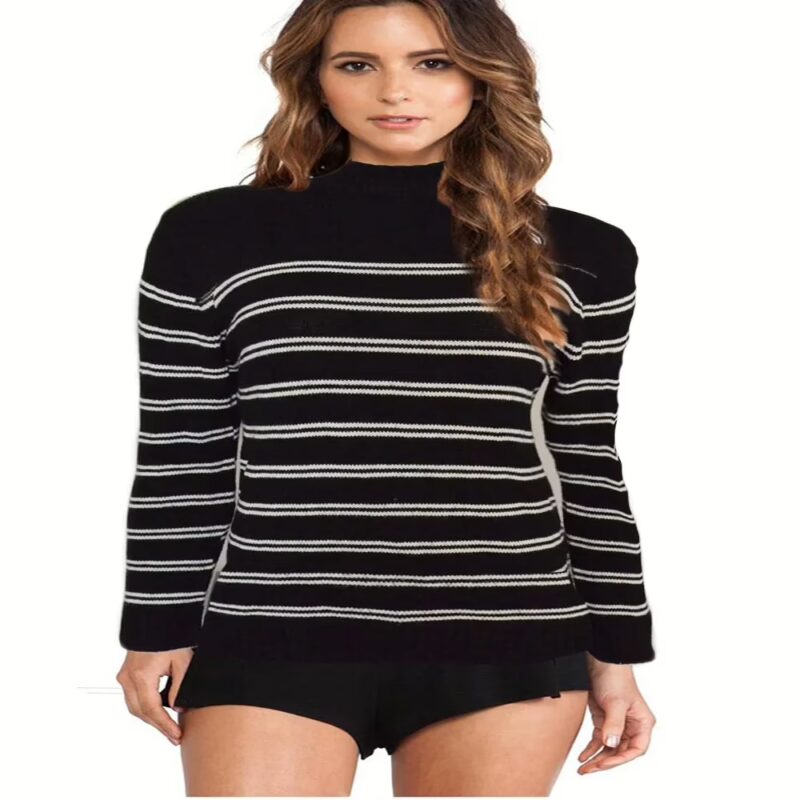 Bluhm Black Women Crew Neck Striped Pullover Sweater
