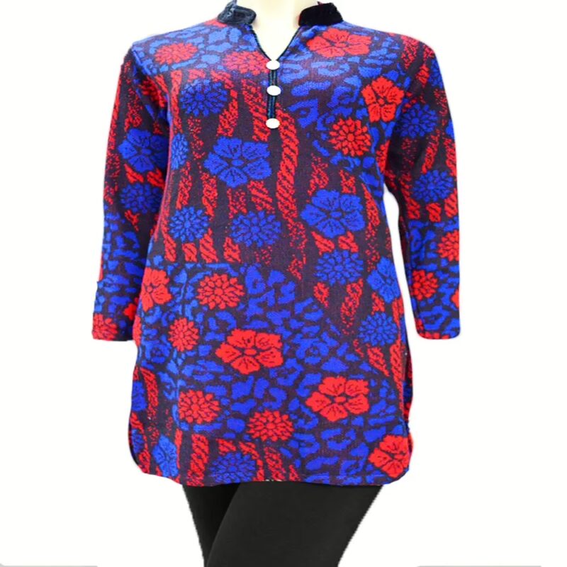Bright Magenta Print Black Velvet Nehru Collar Blue Buttoned Placket Woolen Kurti